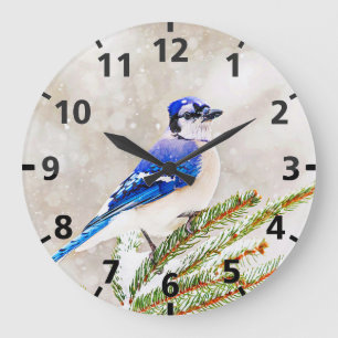 Reloj Redondo Grande Judía azul en un pino con nieve