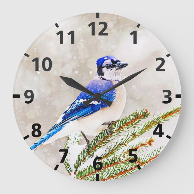 Reloj Redondo Grande Judía azul en un pino con nieve (Anverso)