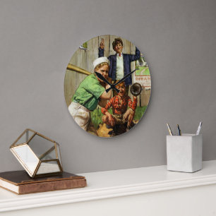 Reloj Redondo Grande Juego de béisbol vintage, jugador deportivo de niñ