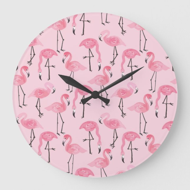 Reloj Redondo Grande Juego De Flamingo Rosado, Patrón De Verano Tropica (Anverso)