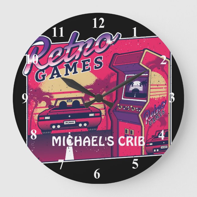 Reloj Redondo Grande Juegos Neon Pink RETRO Gamer Juegos para niños (Anverso)