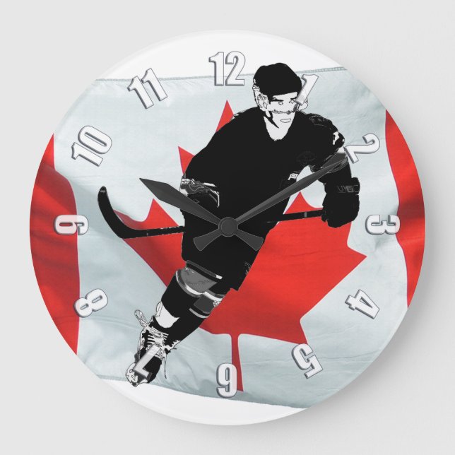 Reloj Redondo Grande Jugador de hockey y bandera canadiense (Anverso)