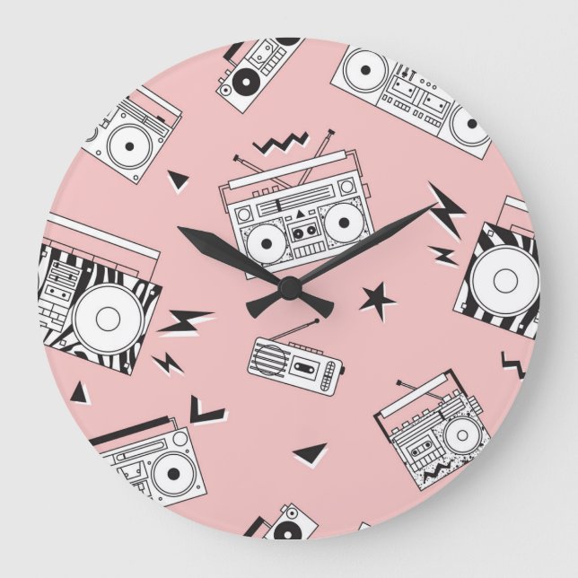 Reloj Redondo Grande Jugadores de cassette antiguos: patrón retro. (Anverso)