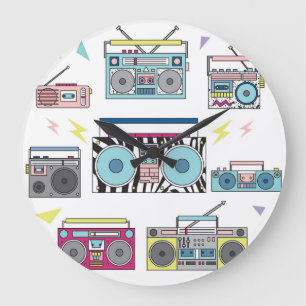 Reloj Redondo Grande Jugadores de Cassette Retro: Arte de época de los 