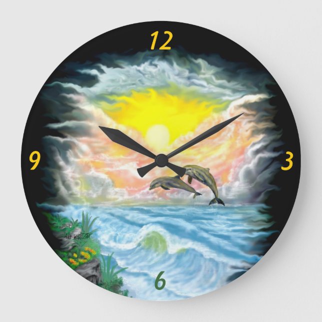Reloj Redondo Grande Jugando a los delfines al sol (Anverso)