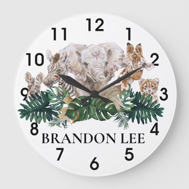 Reloj Redondo Grande Junglas bebés Safari Elefante Africano Personaliza (Anverso)