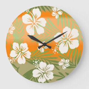 Reloj Redondo Grande Kalani Tie Dye Mezcla Hibiscus Tropical - Naranja