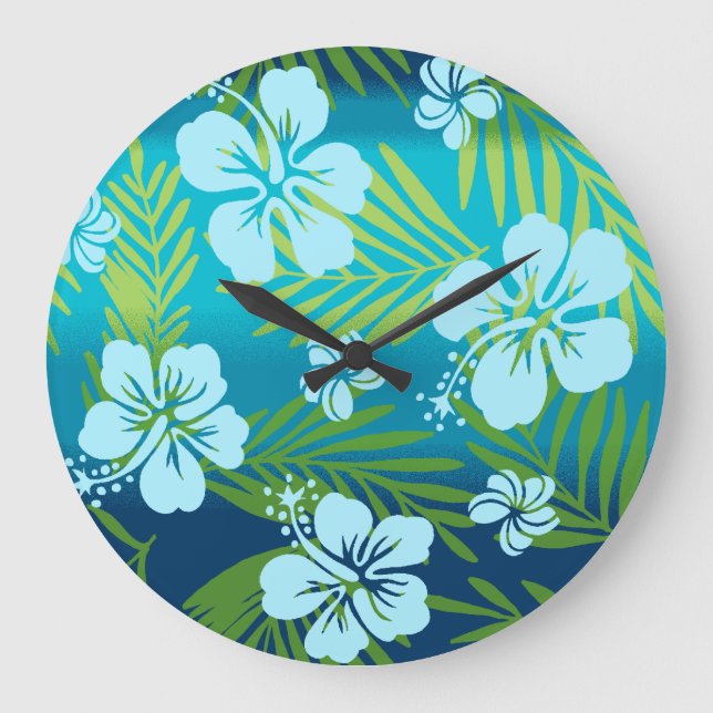 Reloj Redondo Grande Kalani Tie Dye Mezcla Hibiscus Tropical - Verde az (Anverso)