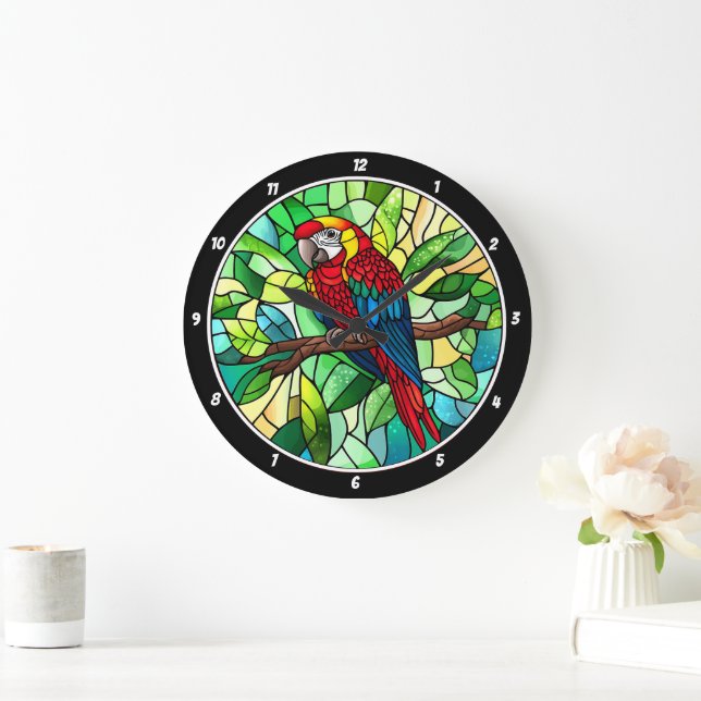 Reloj Redondo Grande Kaleidoscope tropical" - Loro de vidrio manchado (Hogar)