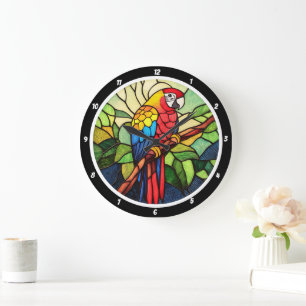 Reloj Redondo Grande Kaleidoscope tropical" - Loro de vidrio manchado