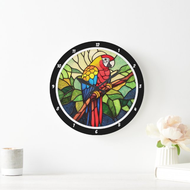 Reloj Redondo Grande Kaleidoscope tropical" - Loro de vidrio manchado (Hogar)