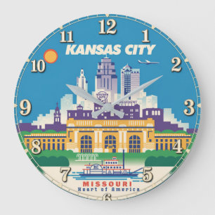 Reloj Redondo Grande Kansas City Missouri Art Deco Travel Poster