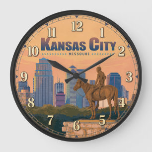 Reloj Redondo Grande Kansas City Missouri Vintage Skyline Scout Statue