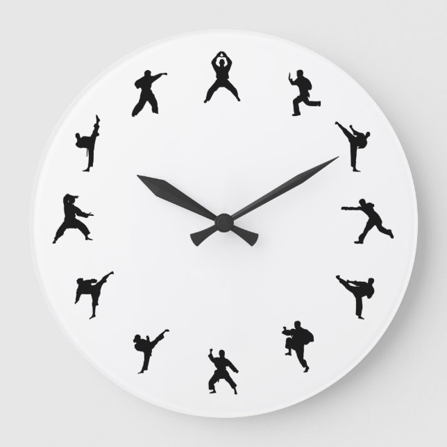 Reloj Redondo Grande Karate de los artes marciales (negro, blancos) (Anverso)