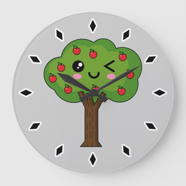 Reloj Redondo Grande Kawaii feliz árbol de manzanas (Anverso)