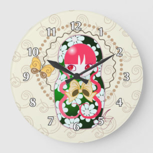 Reloj Redondo Grande Kawaii Gold Bow and Flowers Matryoshka