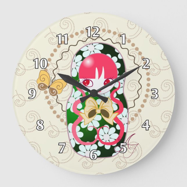 Reloj Redondo Grande Kawaii Gold Bow and Flowers Matryoshka (Anverso)