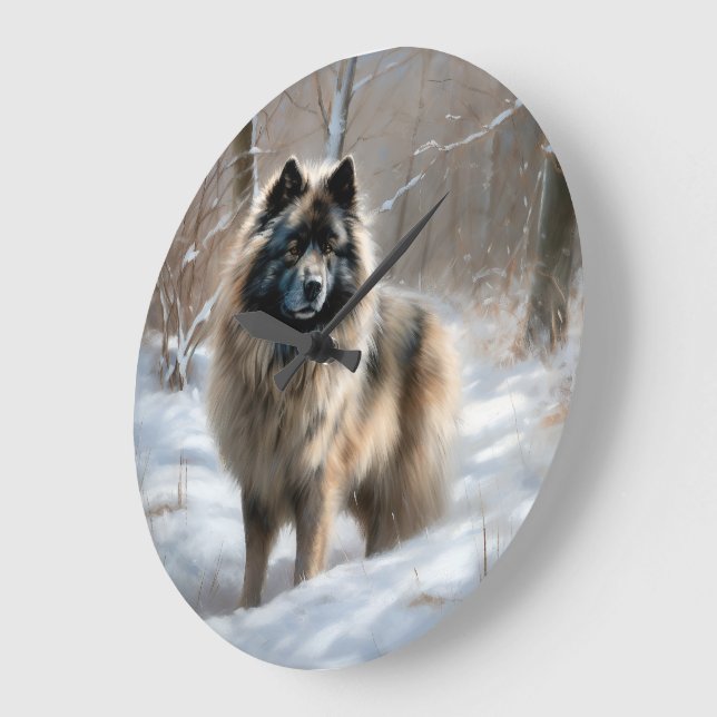 Reloj Redondo Grande Keeshond Let It Snow Navidades (Ángulo)