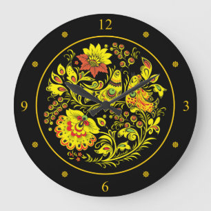 Reloj Redondo Grande Khokhloma ~ Arte folclórico ruso ~Aves y flores ~ 