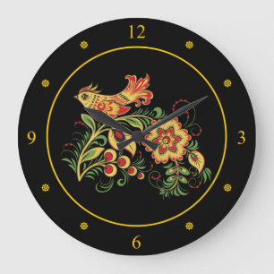 Reloj Redondo Grande Khokhloma ~ Arte folclórico ruso ~Pájaro y flor ~