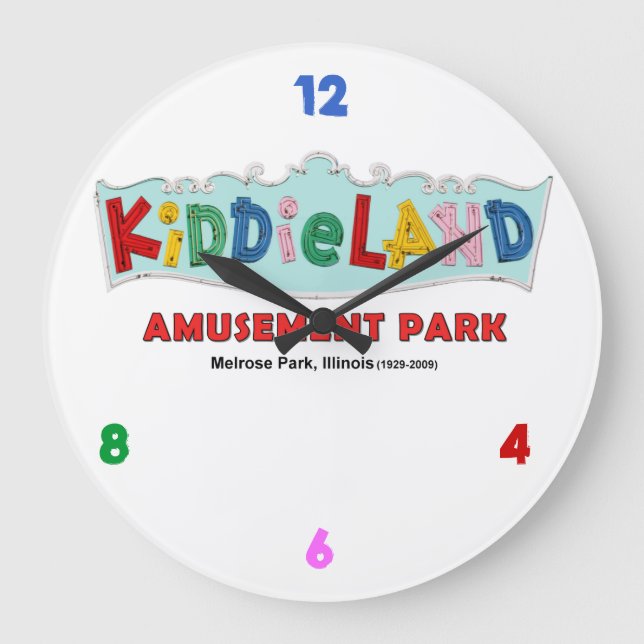 Reloj Redondo Grande Kiddieland Melrose Park, IL, Rótulo de texto (Anverso)