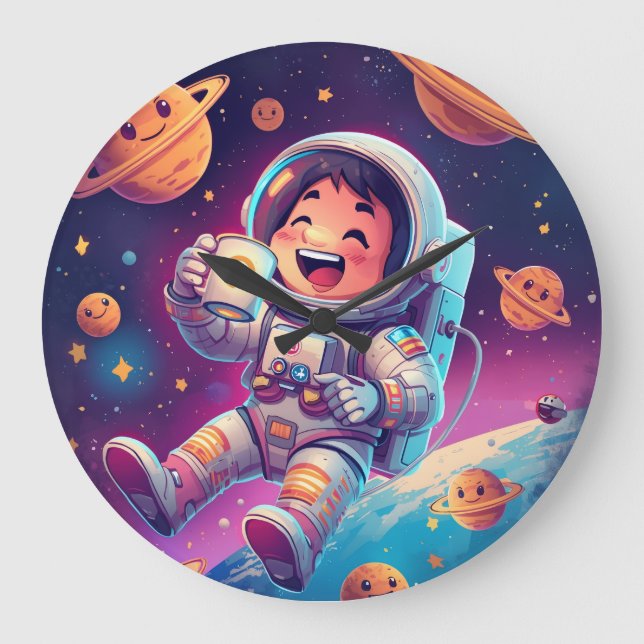 Reloj Redondo Grande Kids Astronaut Wall Clock – Space Adventure Time (Anverso)