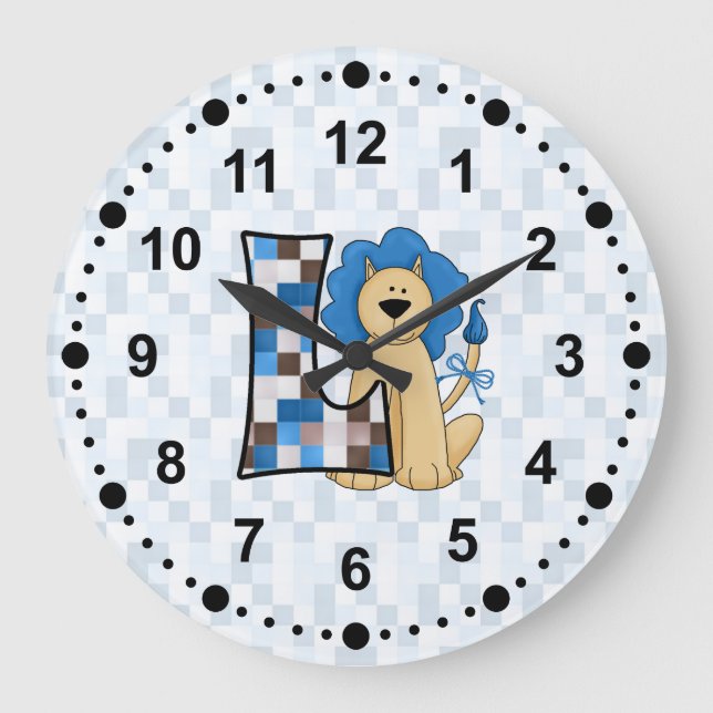 Reloj Redondo Grande Kids Blue Lion Patchwork Mongoram Letter L (Anverso)