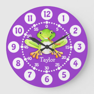 Reloj Redondo Grande Kids cute frog purple green wall clock