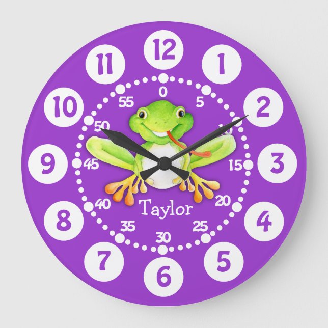 Reloj Redondo Grande Kids cute frog purple green wall clock (Anverso)