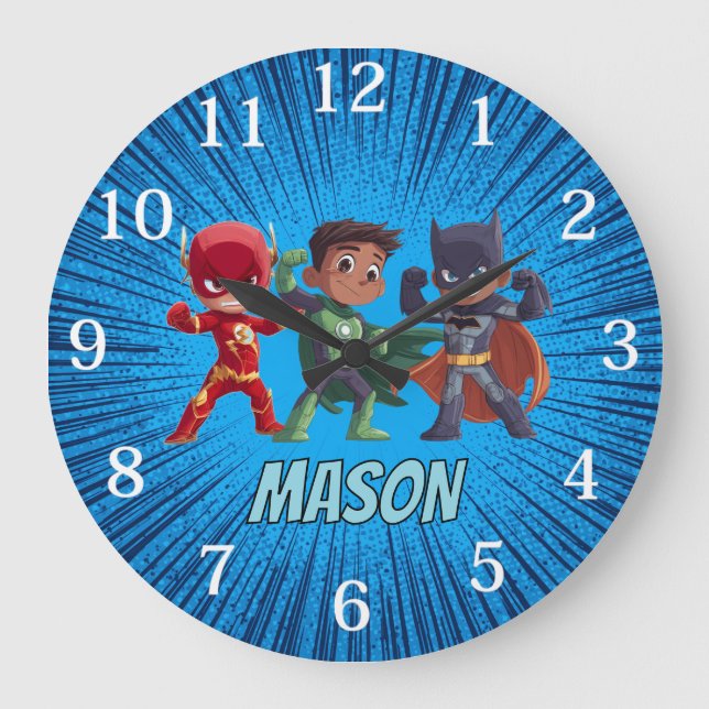 Reloj Redondo Grande Kids Superhero Custom Name Boys (Anverso)