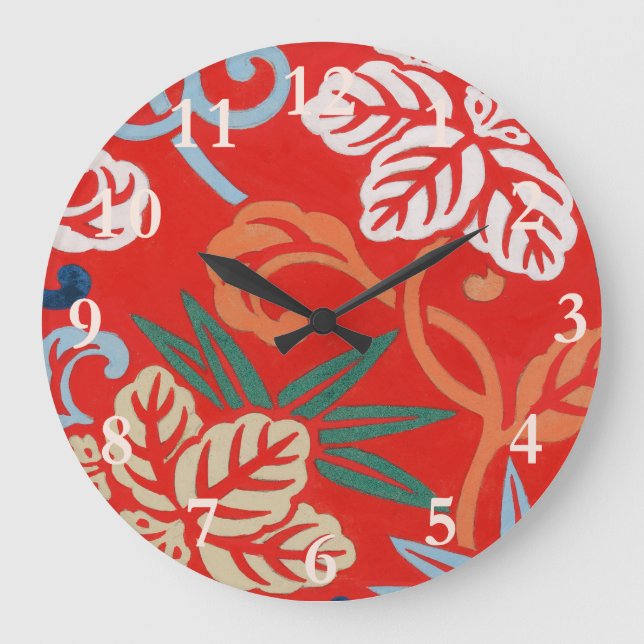 Reloj Redondo Grande Kimono japonés rojo hawaiano: Floral vintage (Anverso)