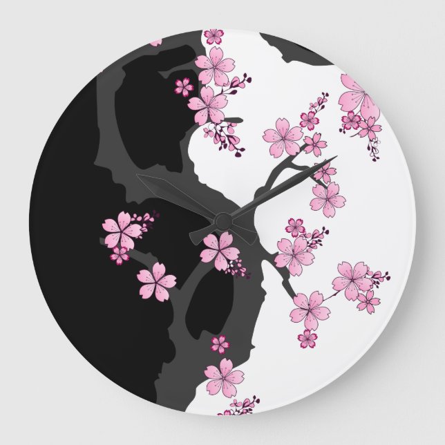 Reloj Redondo Grande Kimono japonés Sakura negro y rosa blanco (Anverso)