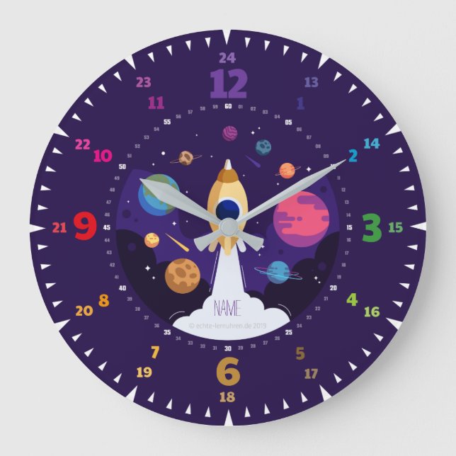 Reloj Redondo Grande Kinderuhr Lernuhr Wanduhr Kinderzimmer Rakete (Anverso)