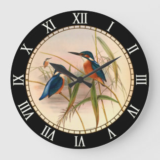 Reloj Redondo Grande Kingfisher, birds, vintage, John Gould, nature