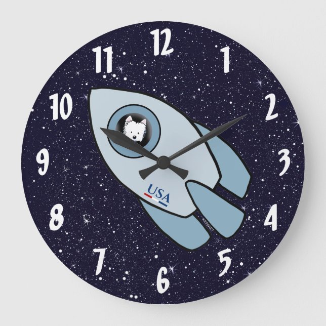 Reloj Redondo Grande KiniArt Space Rocket Dog Westie (Anverso)