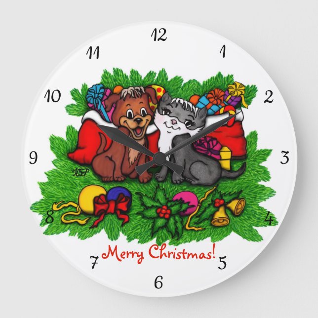 Reloj Redondo Grande Kitty and Puppy , Happy XMas (Anverso)