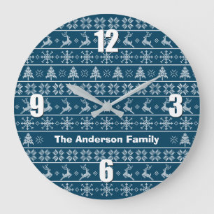 Reloj Redondo Grande Knit nórdico moderno Ugly Sweater Navy Nombre blan