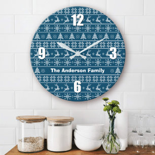 Reloj Redondo Grande Knit nórdico moderno Ugly Sweater Navy Nombre blan