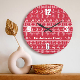 Reloj Redondo Grande Knit nórdico moderno Ugly Sweater Red White Name