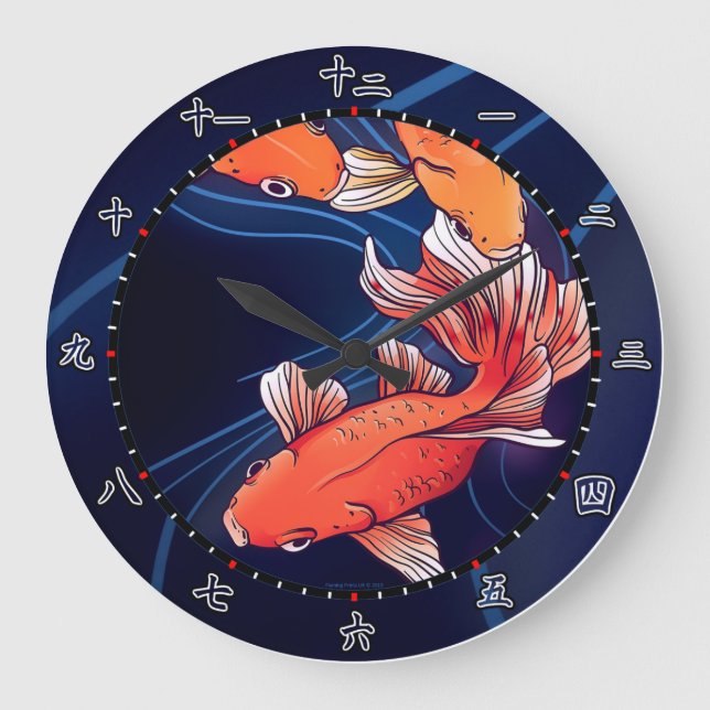 Reloj Redondo Grande koi, pescado, kitsch, Japón, personalizado, azul,  (Anverso)