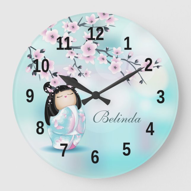 Reloj Redondo Grande Kokeshi Doll and Cherry Blossoms Turquoise  Large  (Anverso)