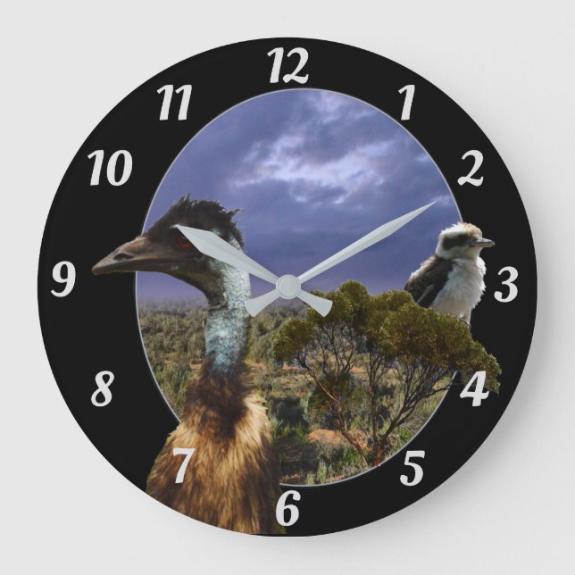 Reloj Redondo Grande Kookaburra, Emu, Paisaje Australiano,   (Anverso)
