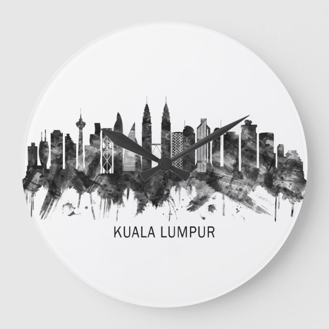 Reloj Redondo Grande Kuala Lumpur Malaysia Skyline BW (Anverso)