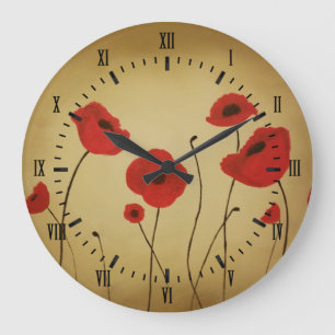 Reloj Redondo Grande La amapola roja florece números romanos negros