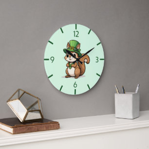 Reloj Redondo Grande La ardilla del Día de San Patricio con el Gorra Ve