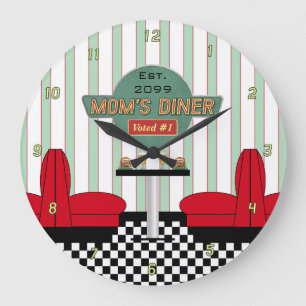 Reloj Redondo Grande La diner retro de mamá con hamburguesas y cerveza