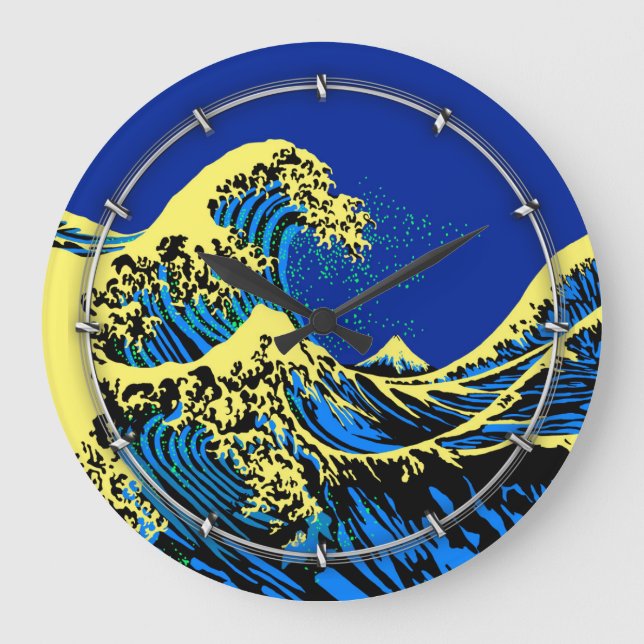 Reloj Redondo Grande La gran ola de Hokusai al estilo pop amarillo azul (Anverso)