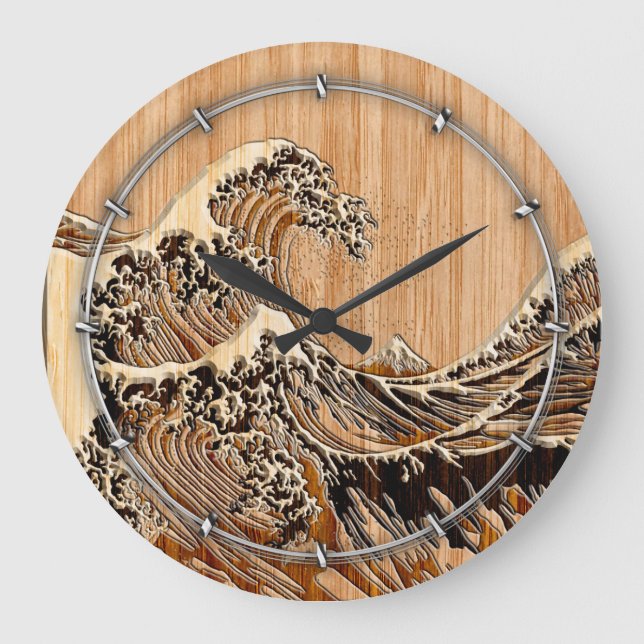 Reloj Redondo Grande La Gran Ola de Hokusai Estilo de Grano de Madera d (Anverso)
