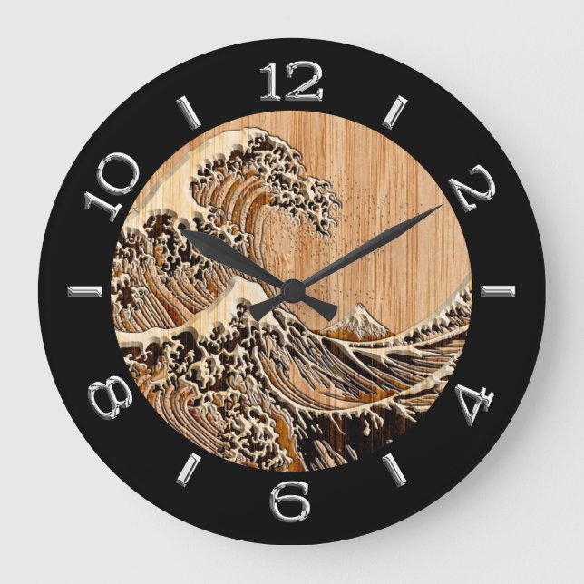 Reloj Redondo Grande La gran onda de Hokusai en el dial de bambú del (Anverso)