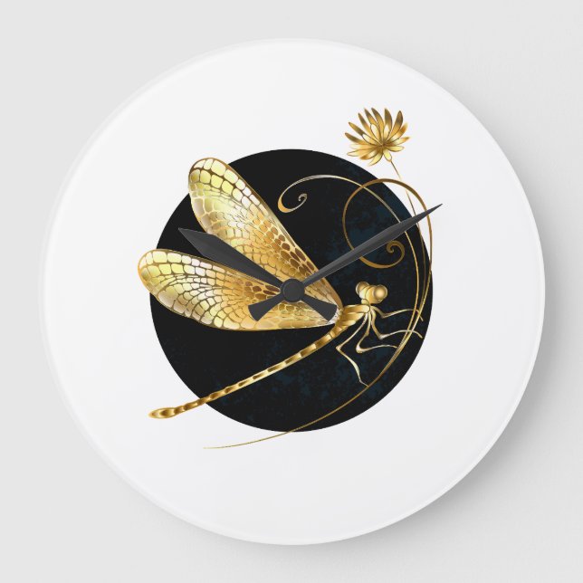 Reloj Redondo Grande La libélula dorada en círculo negro (Anverso)